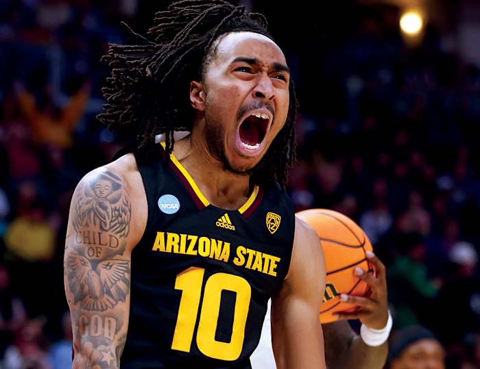 Arizona State Sun Devils guard Frankie Collins reacts after a dunk against the TCU Horned Frogs during the second half at Ball Arena.